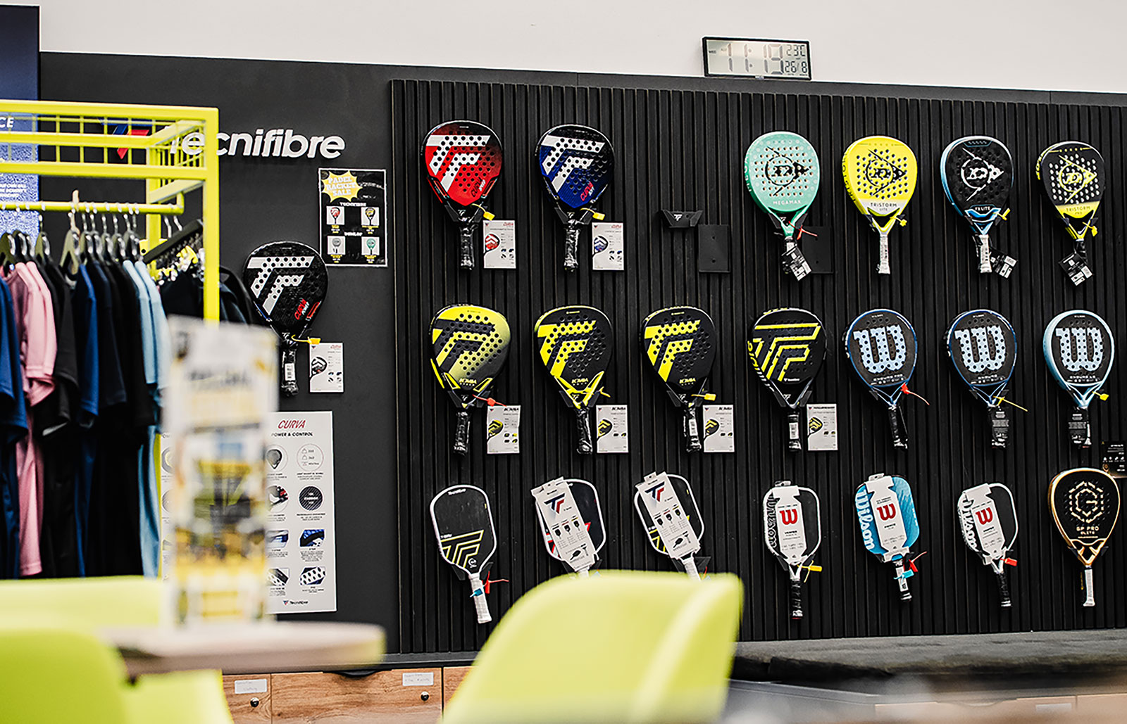 The racket wall in the pro shop